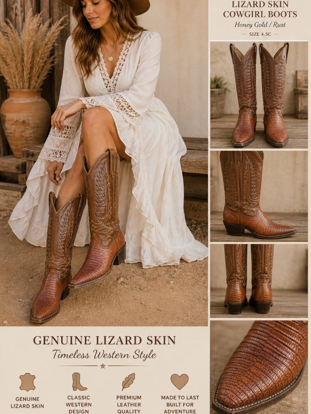 Dan Post Lizard Skin Western Boots Honey Brown Cowgirl Womens 4.5C Exotic Rodeo
